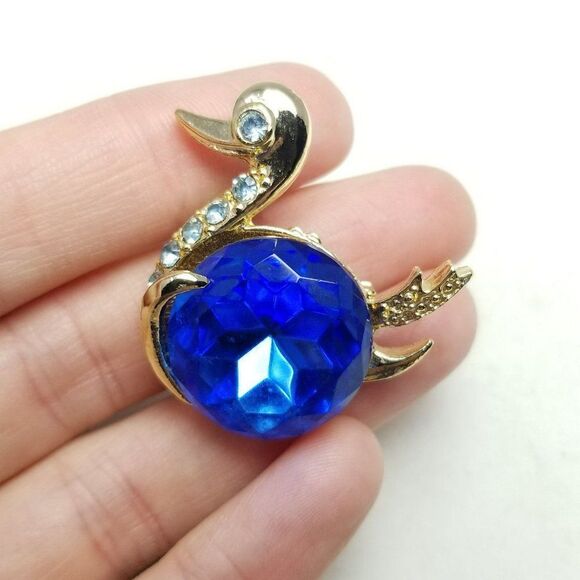 Vintage Blue Rhinestone Bird Swan Brooch, Duck Goose Lapel Pin, Estate - Picture 2 of 6